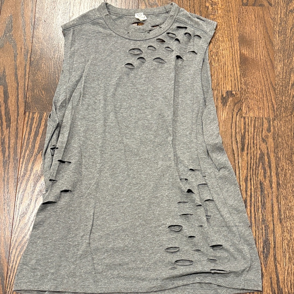 Alternative Gray Distressed Cut Outs Muscle Tee Tank Top Size Medium